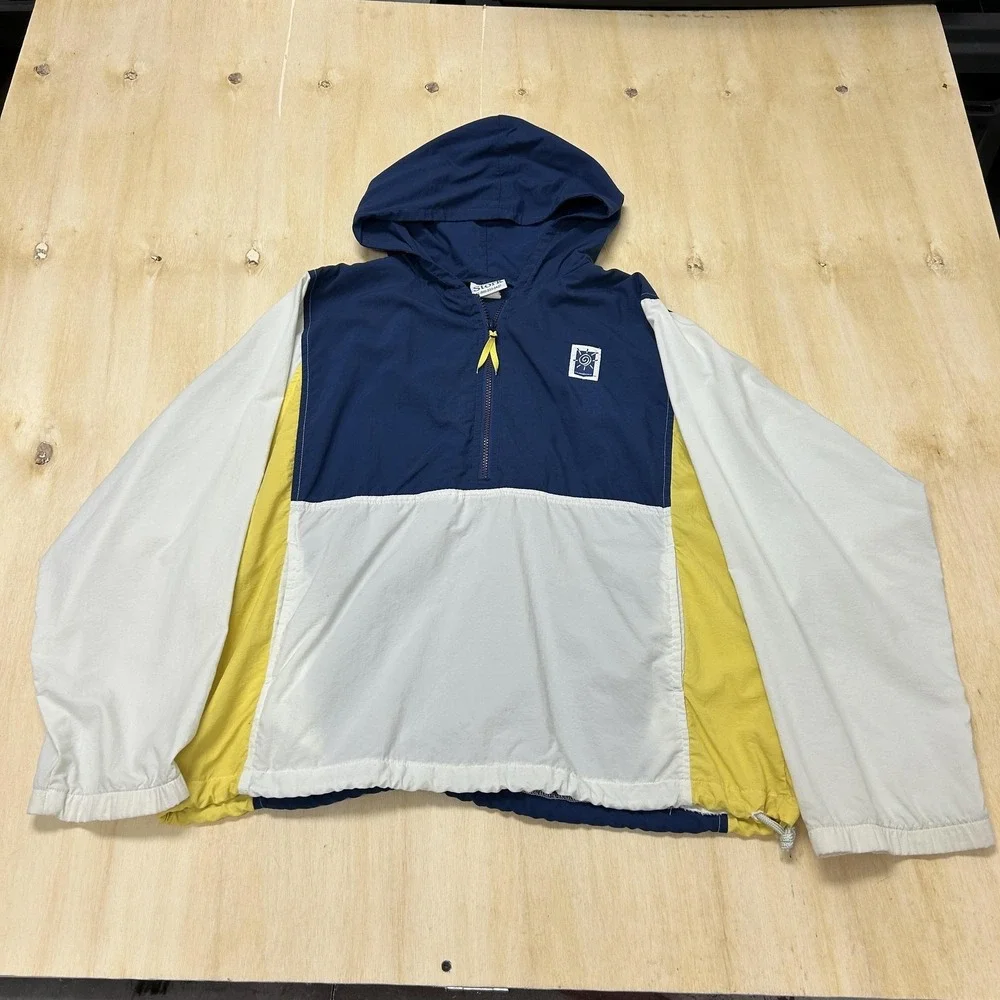 After The Stork Jacket Mens XL 34-36 Blue Yellow Colorblock Hooded Windbreaker - Picture 1 of 8